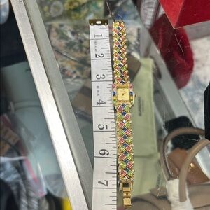 INFINITY: WOMEN'S GOLD FINISH FULL RHINESTONES SQUARE CASE LINKS ANALOGE WATCH